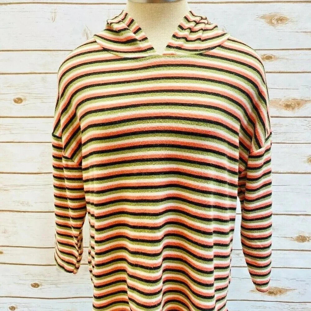 POOF NEW YORK Women 3/4 Sleeve Hoodie Pullover Striped Casual Top Size Medium